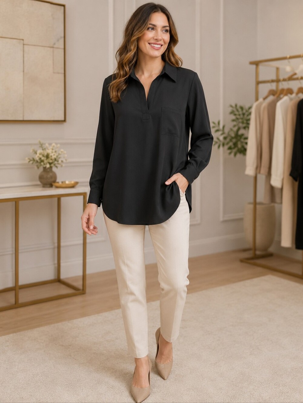 Pleione Black Long Sleeve Collared Tunic Blouse – Size M – NWT